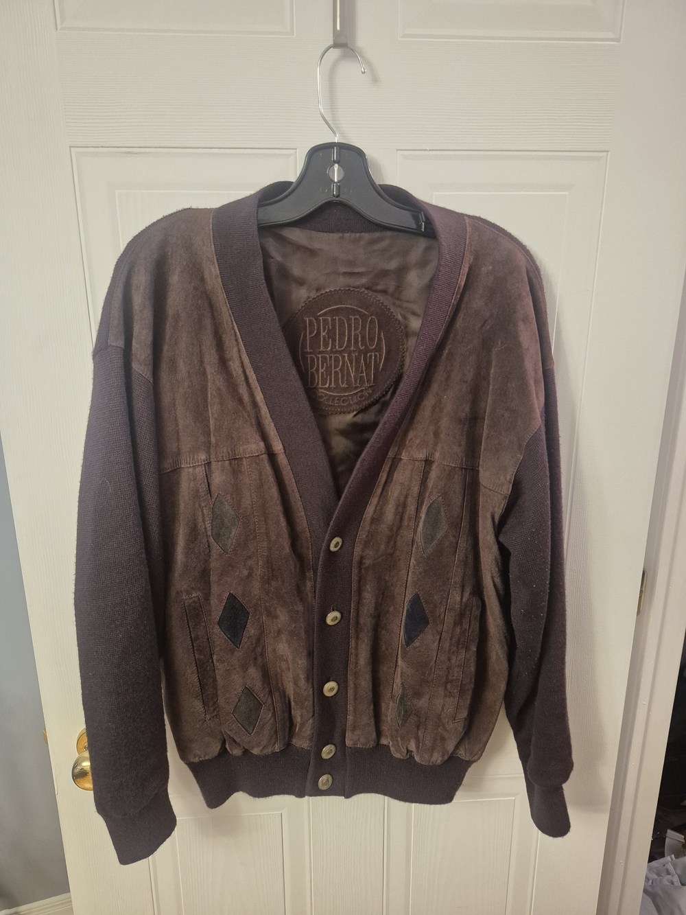 Vintage Pedro Bernat Suede Knit Cardigan Jacket Brown Diamond Pattern Men’s